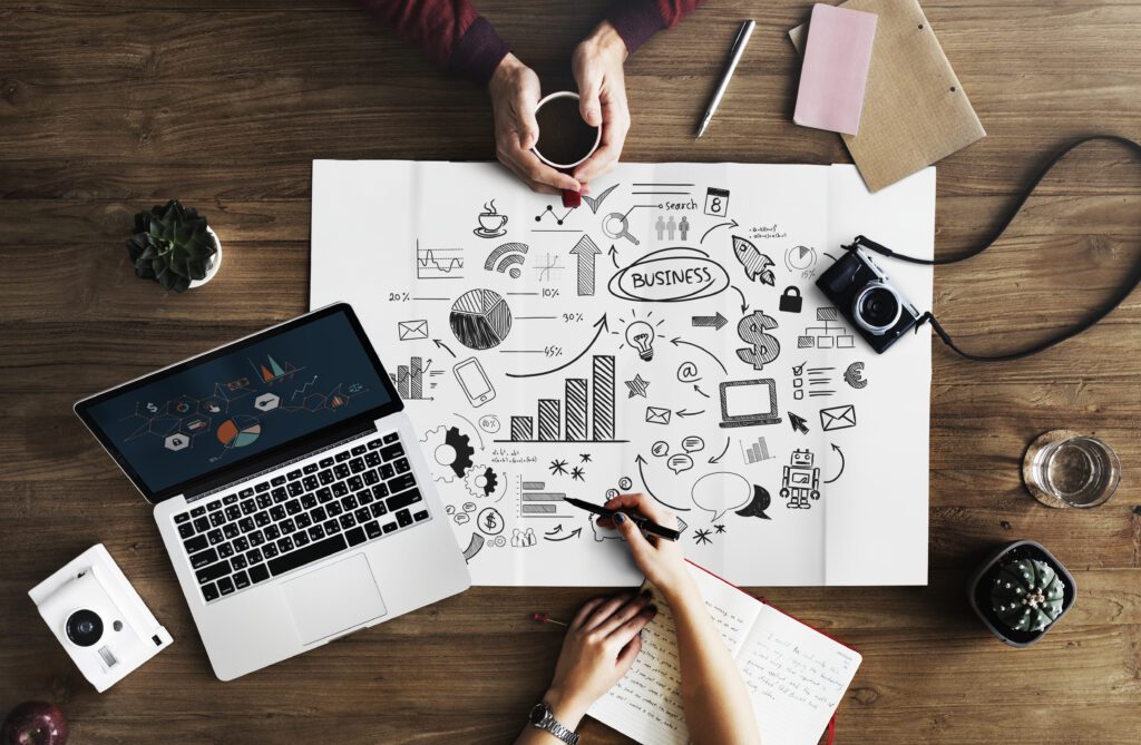 white charts with business terms and logo