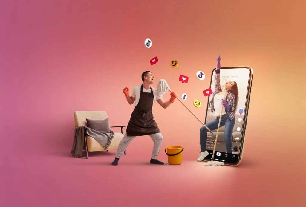 a guy with mop inging and a women enjoying in phone